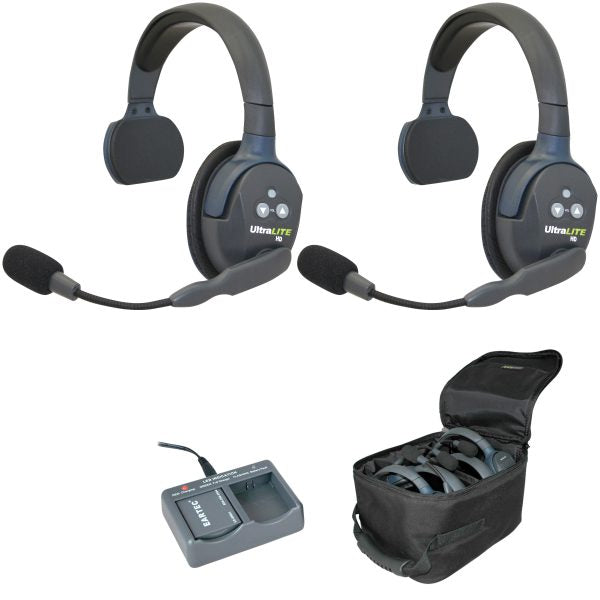 Eartec UltraLITE-HD 2 person system w/ 2 Single Headsets, batteries, charger & case